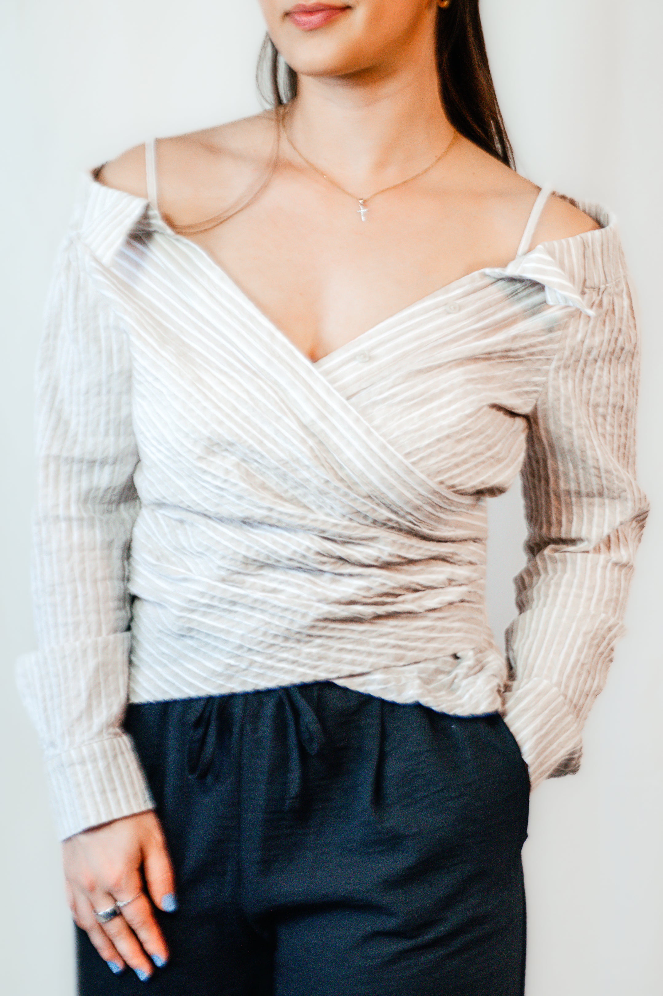 Beige Stripes Button Up Top
