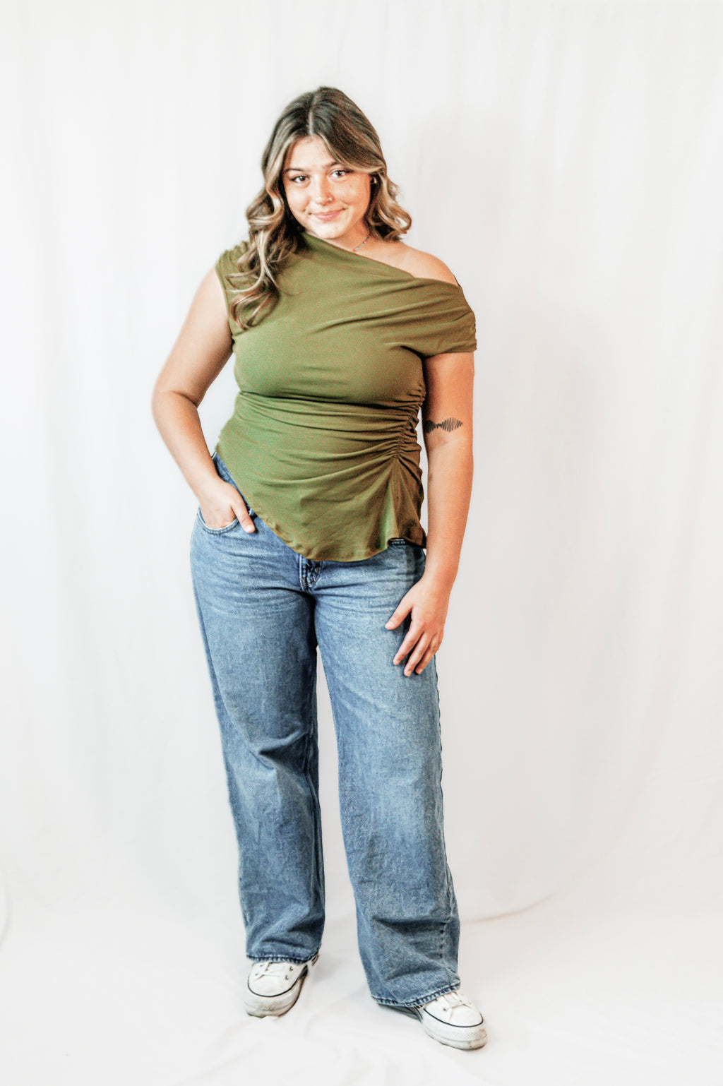 Olive Grove Off Shoulder Asymmetric Top
