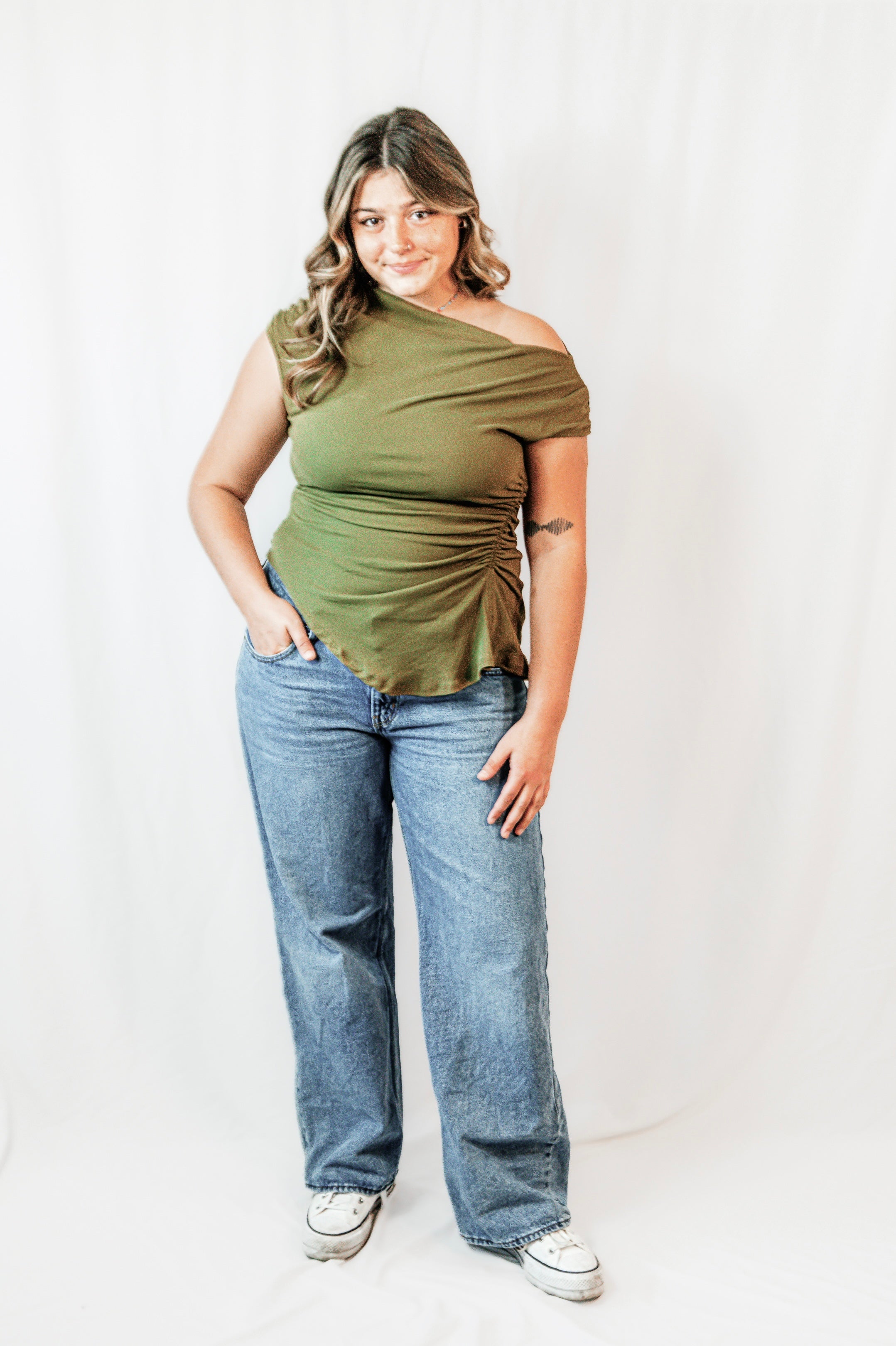 Olive Grove Off Shoulder Asymmetric Top