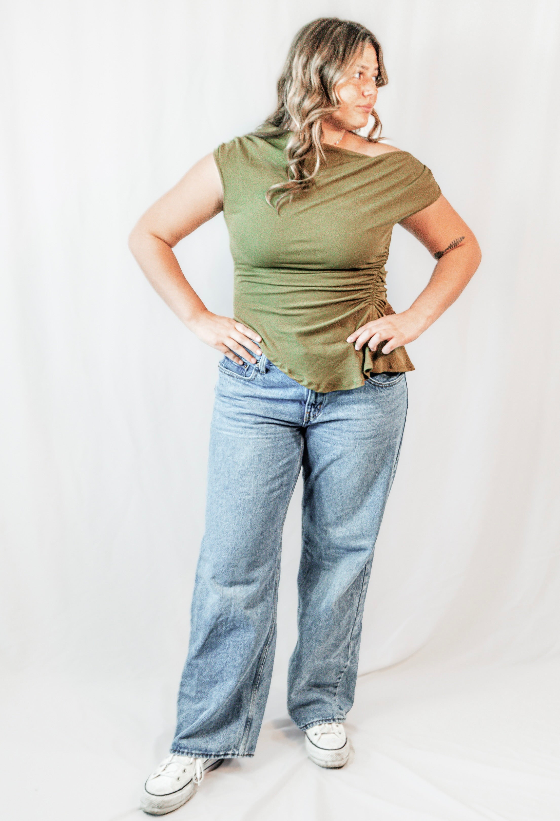Olive Grove Off Shoulder Asymmetric Top