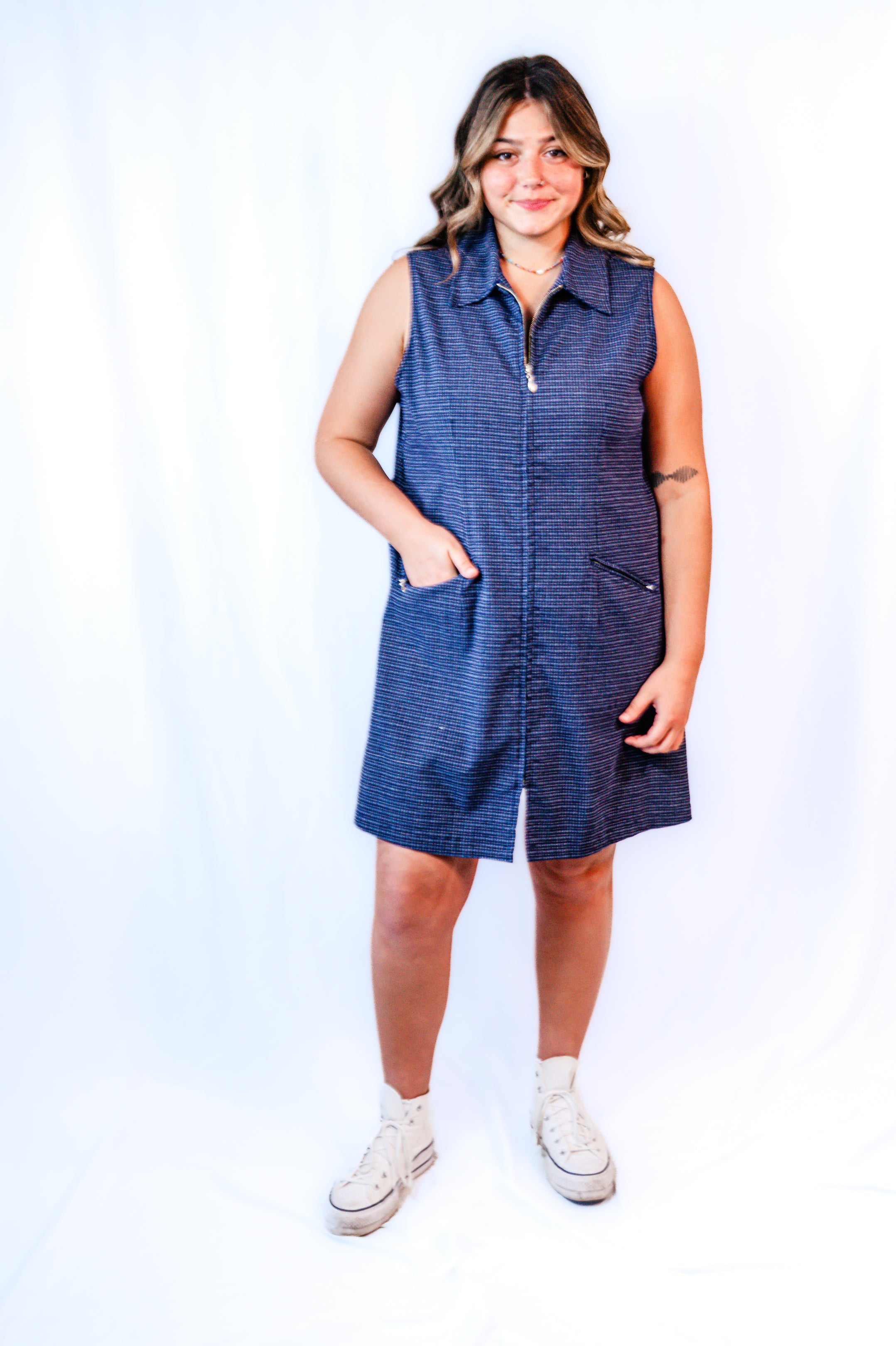 Navy Plaid Zip-Up Tank Dress