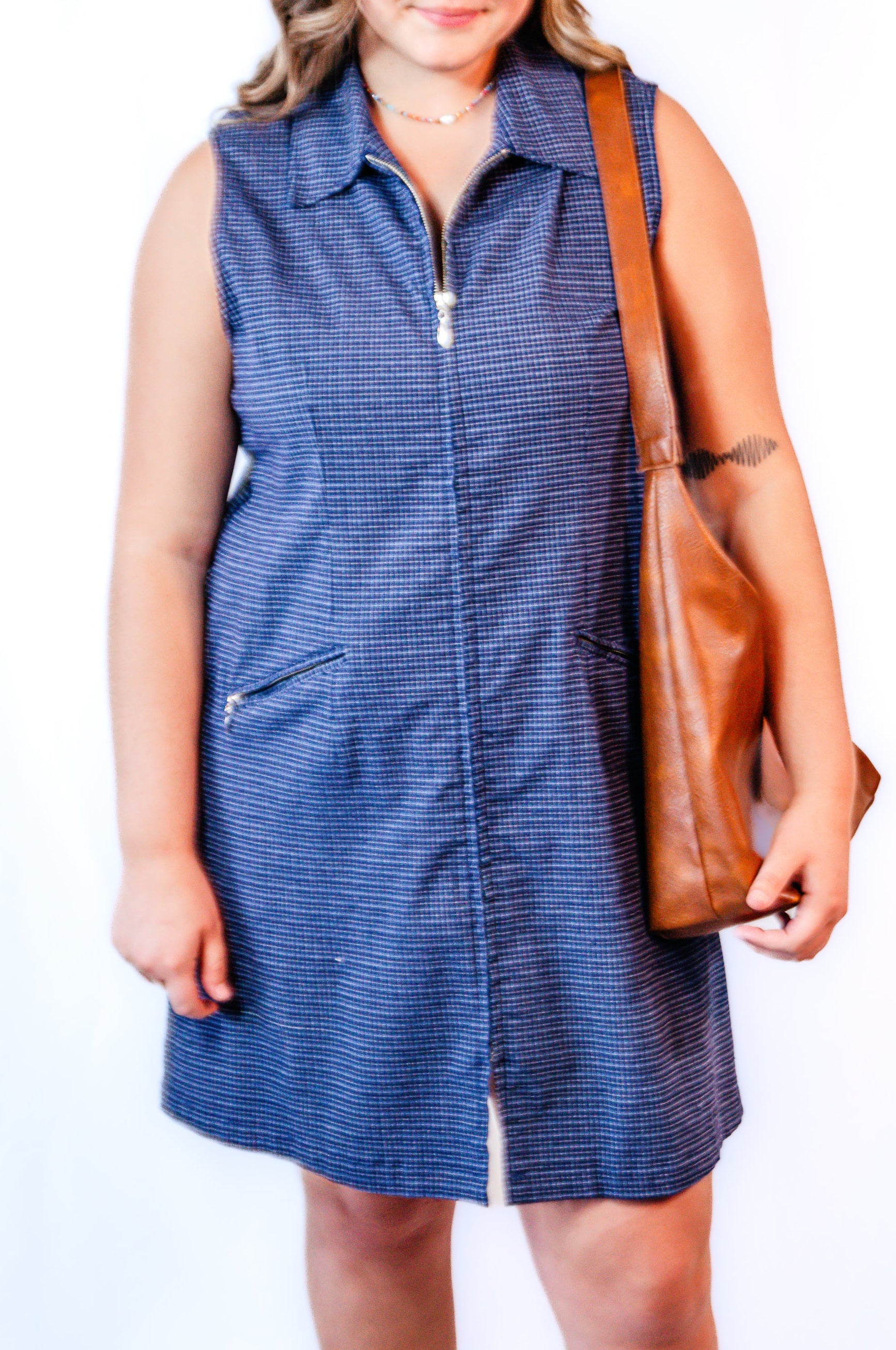 Navy Plaid Zip-Up Tank Dress