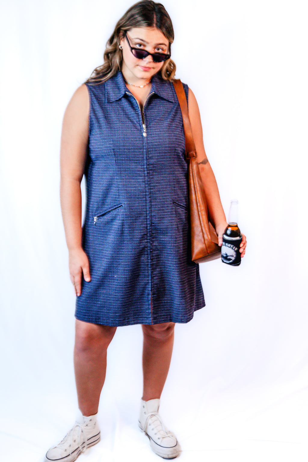 Navy Plaid Zip-Up Tank Dress