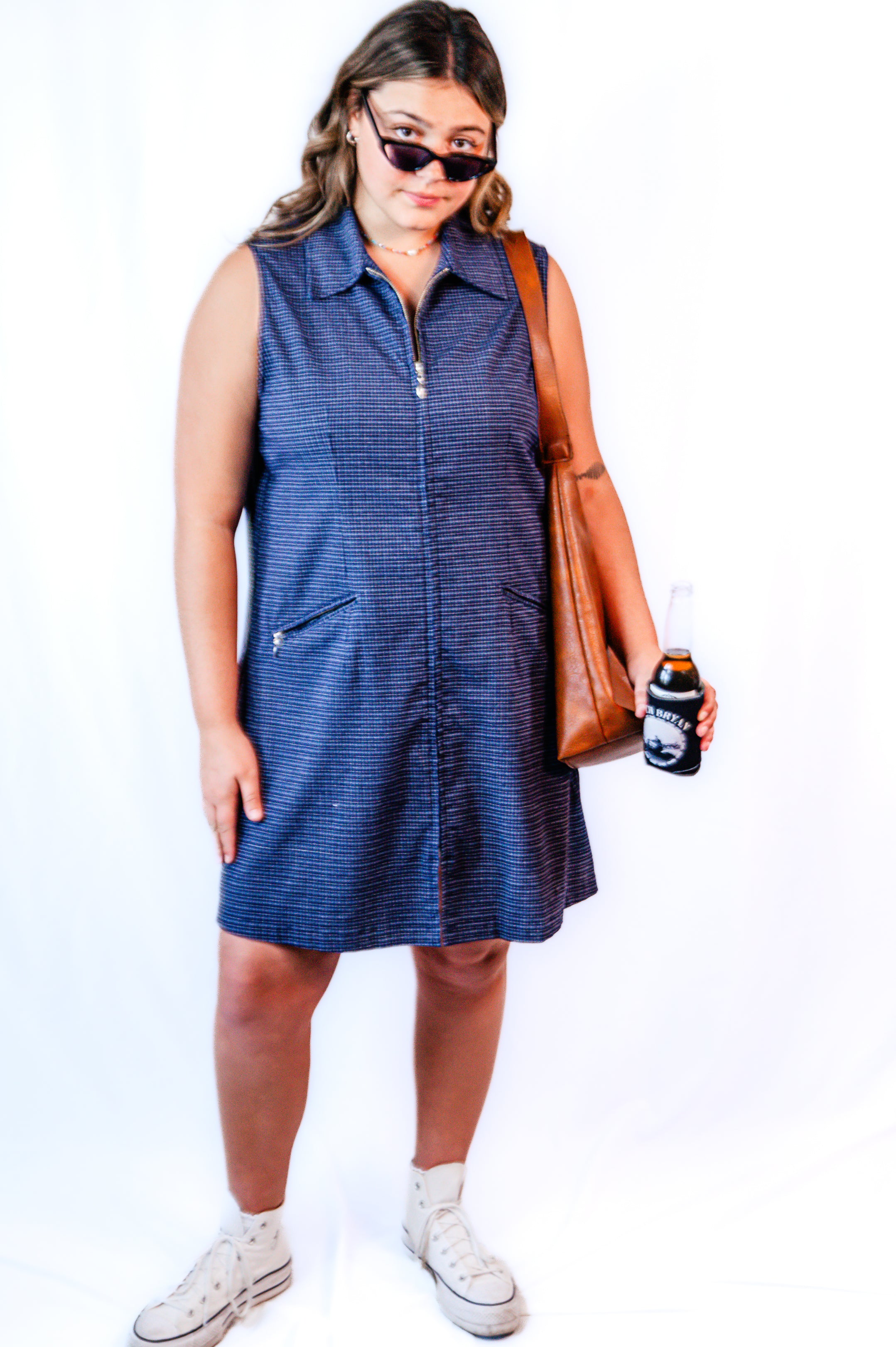 Navy Plaid Zip-Up Tank Dress