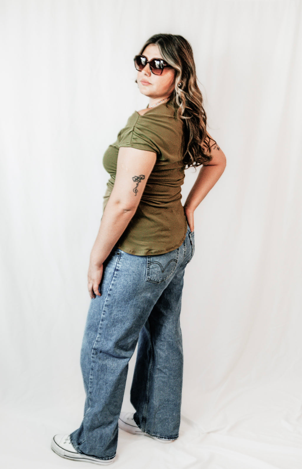 Olive Grove Off Shoulder Asymmetric Top