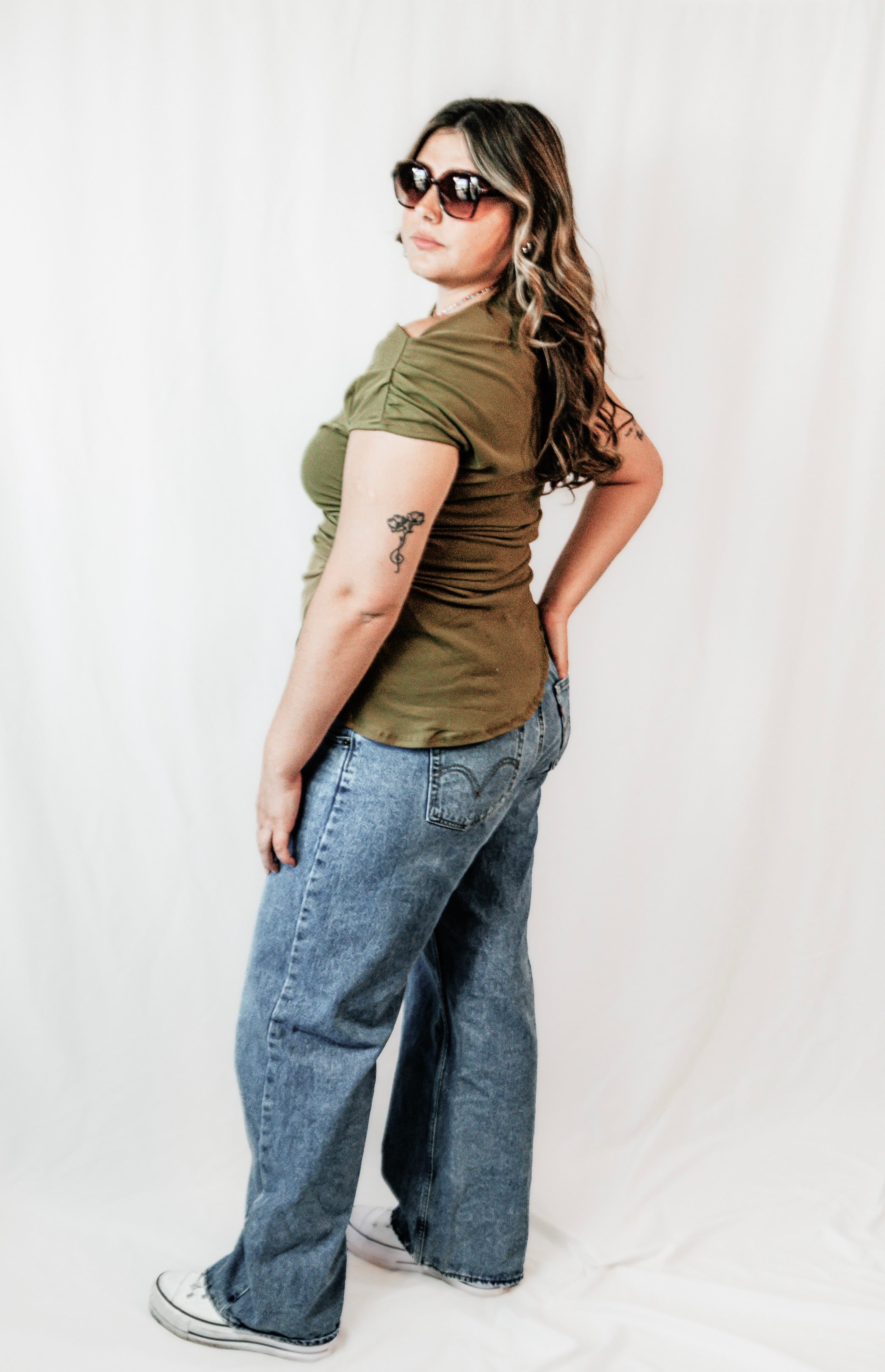 Olive Grove Off Shoulder Asymmetric Top